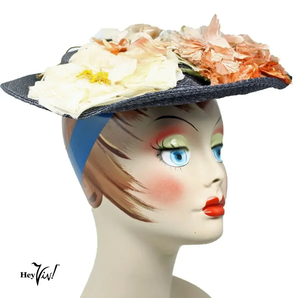 Vintage 40s Navy Blue Flower Platter Tilt Hat 12